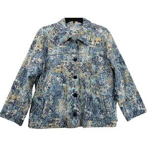 Rebecca Malone Womens Jacket XL Petite Blue Swirl Beachy Coastal Artsy BizCasual